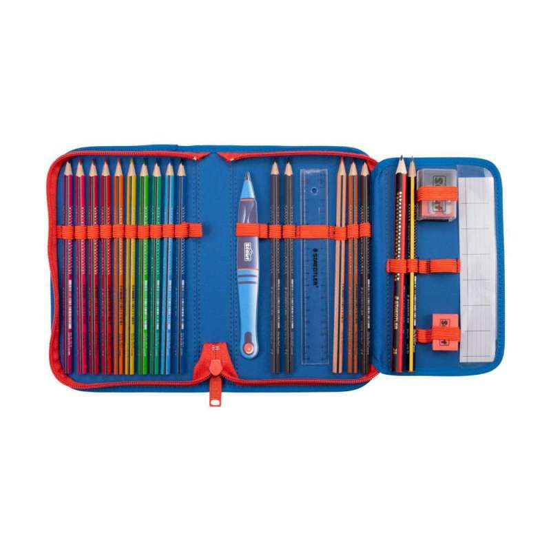SCOUT Schulranzen Set Neo für Jungen Exklusiv Superflash Blue Dino Federmäppchen offen